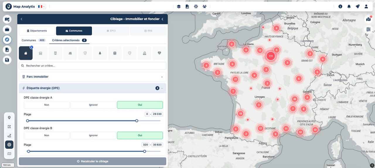 Ciblage Map Analytix : 403 communes identifiées selon des critères d'étiquette énergie DPE, résultats affichés sur la carte de France, mailles départements, communes, EPCI ou IRIS.